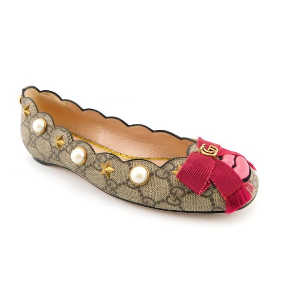 GUCCI GG Logo Pearl Star Stud Monogram Kiss Scalloped Bow Ballerina Flats35